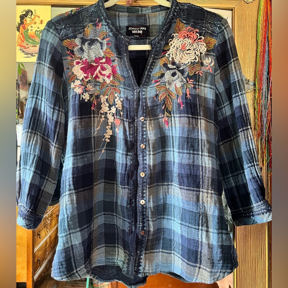 Johnny Was Blue Plaid Embroidered Floral Tunic Top